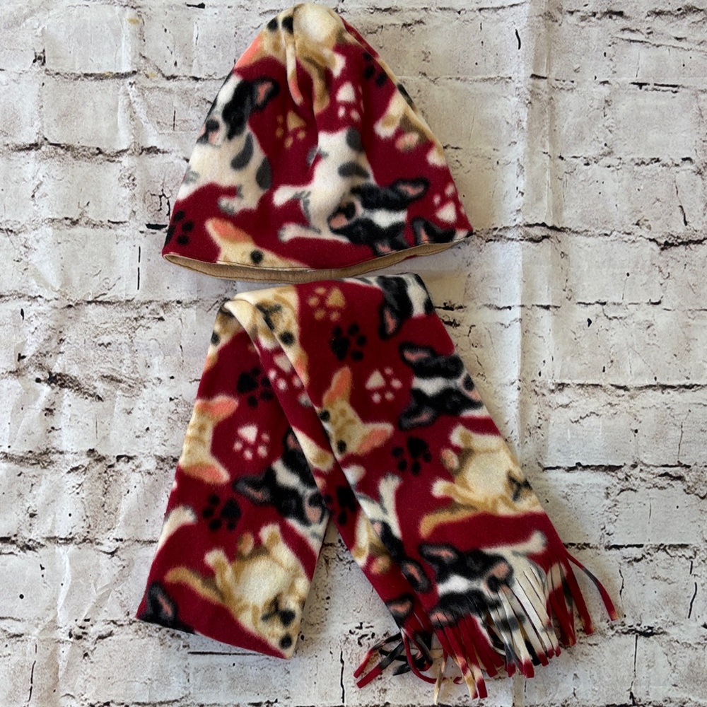 Frenchie Handmade Cozy Red and Black Kids Hat and Scarf Set